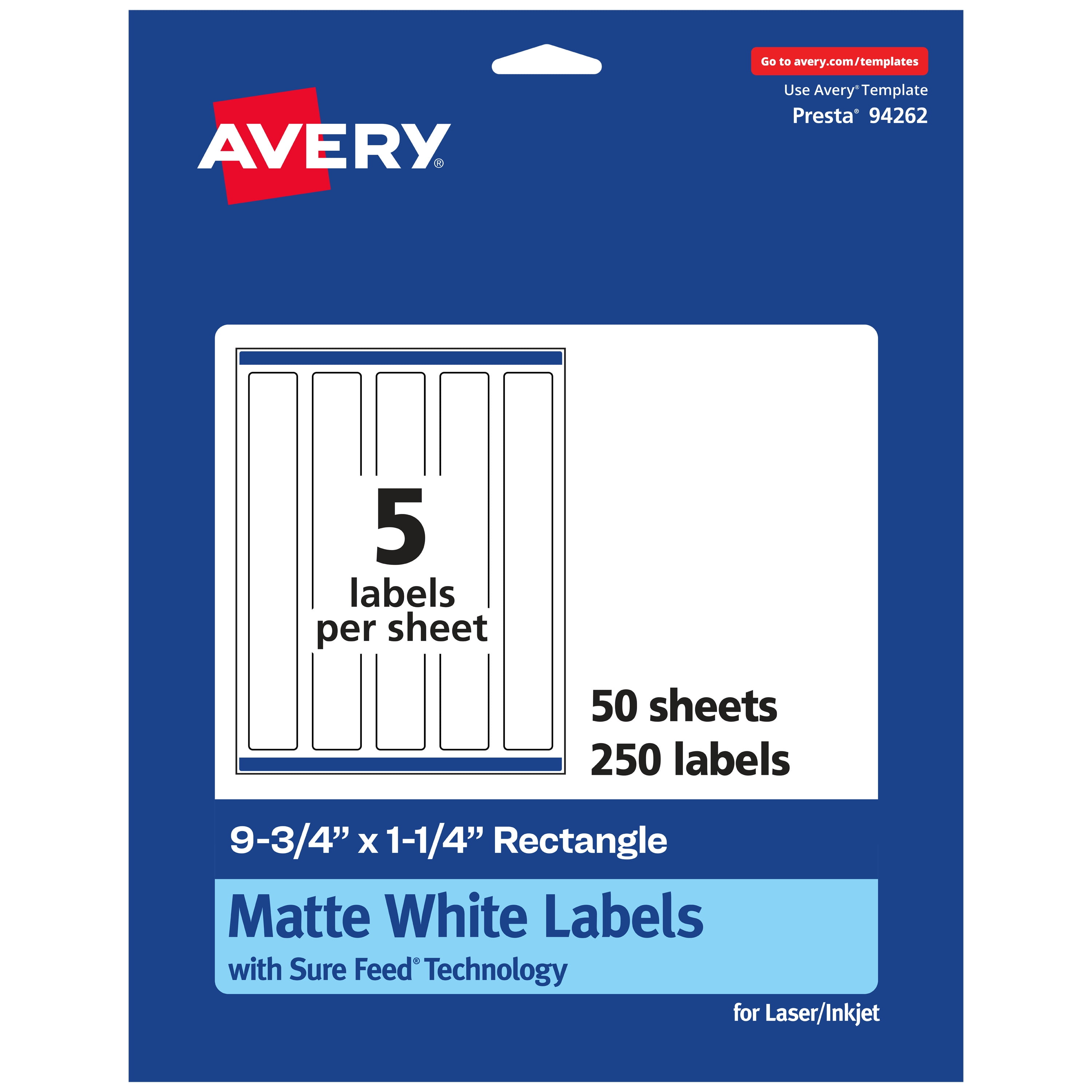 Avery Matte White Rectangle Labels, 9.75" x 1.25", 250 Labels