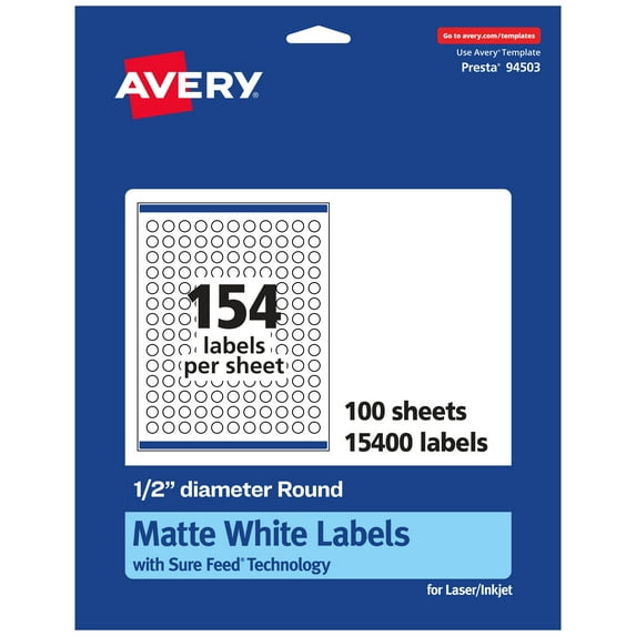 Avery Matte White Round Labels, 1/2" Diameter, 15,400 Labels