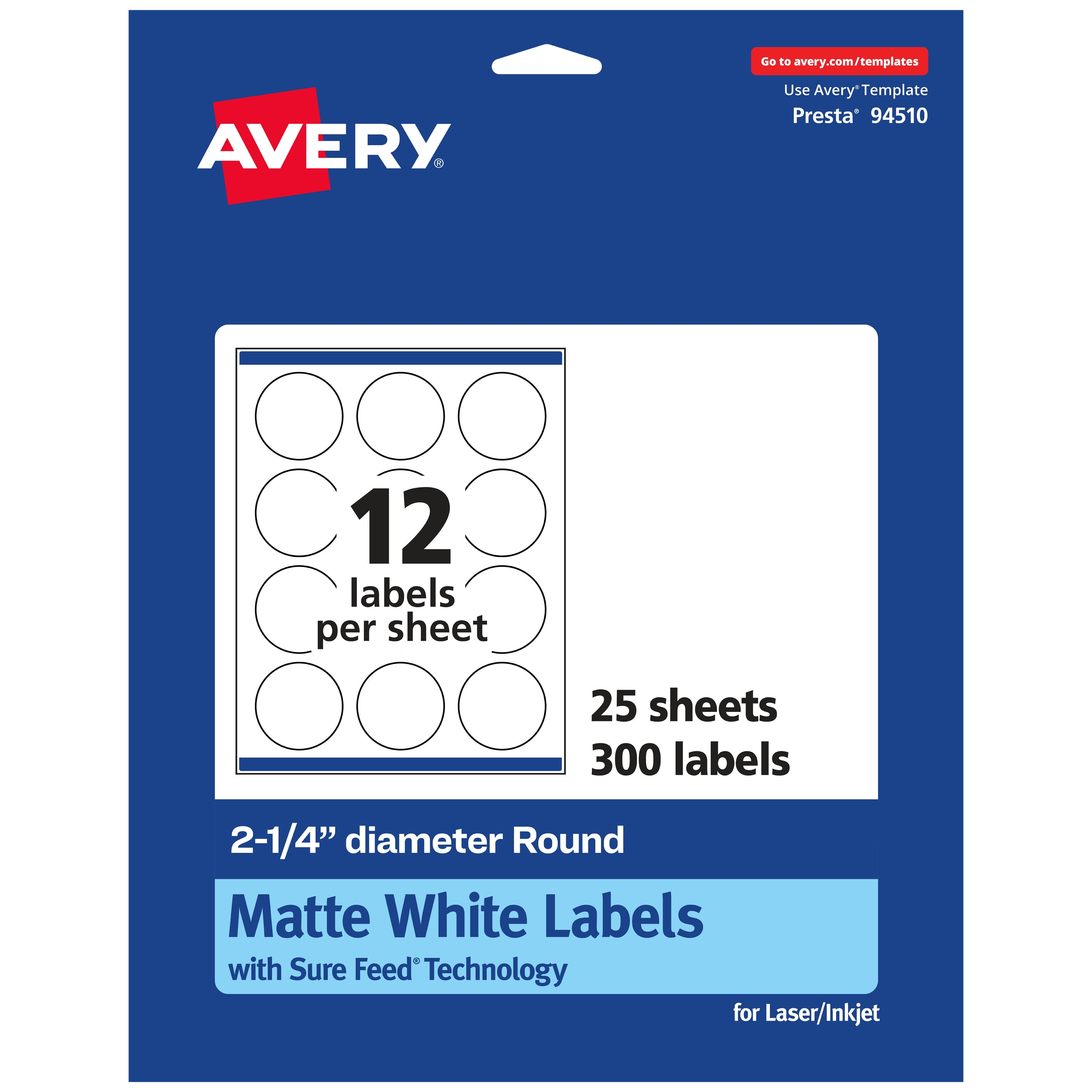 Avery Matte White Round Labels, 2.25" Diameter, 300 Labels