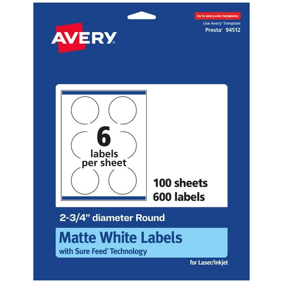 Avery Matte White Round Labels, 2.75" Diameter, 600 Labels