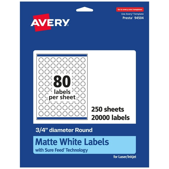Avery Matte White Round Labels, 3/4" Diameter, 20,000 Labels