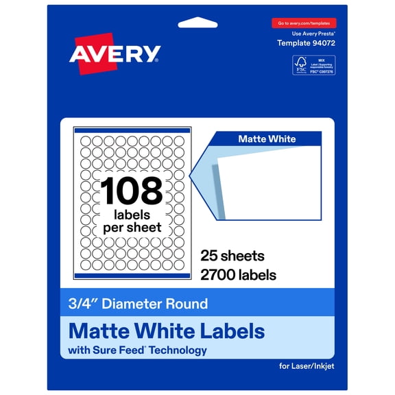 Avery® Matte White Round Labels, 3/4" Diameter, 2700 Total
