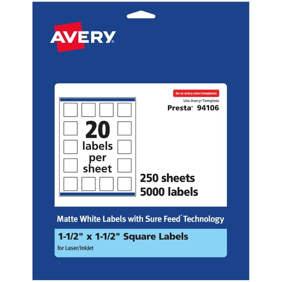 Avery Matte White Square Labels, 1.5" x 1.5", 5,000 Labels