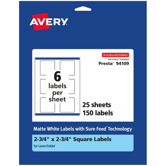 Avery Matte White Square Labels, 2.75" x 2.75", 150 Labels