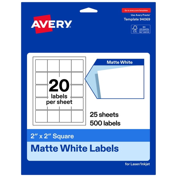 Avery® Matte White Square Labels, 2" x 2", 500 Total