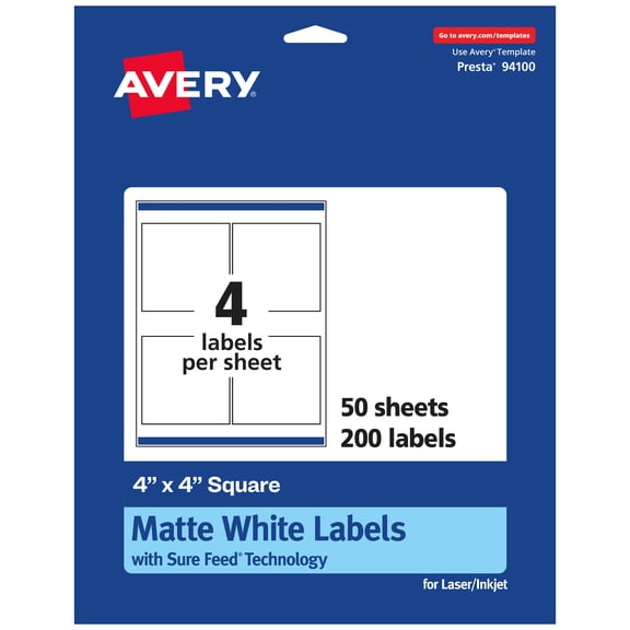 Avery Matte White Square Labels, 4" x 4", 200 Labels