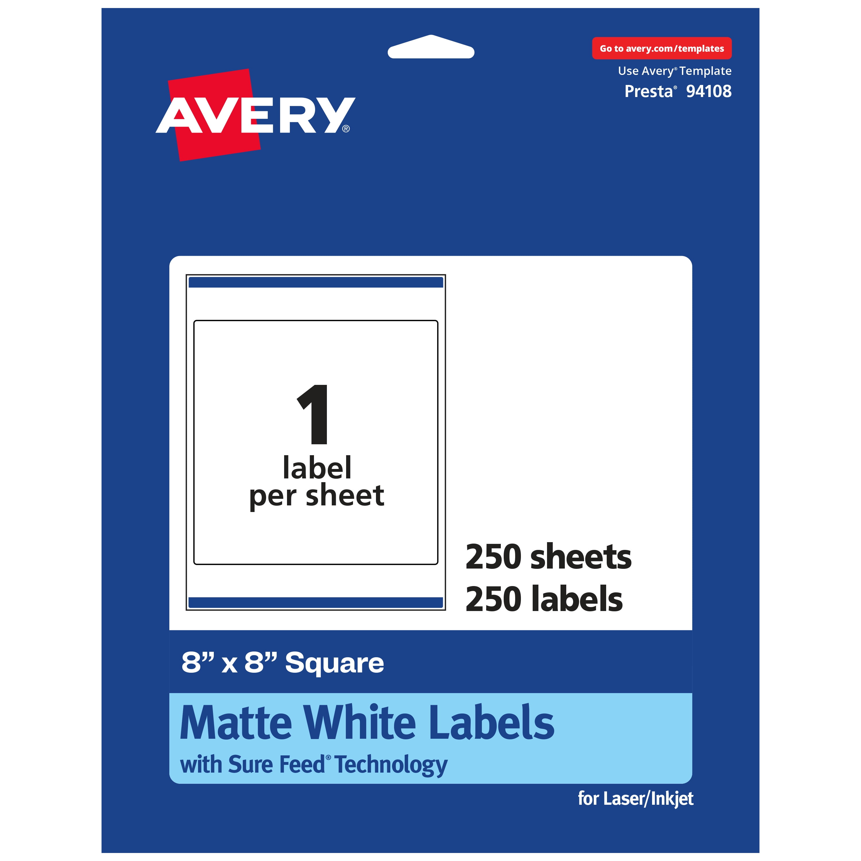 Avery Matte White Square Labels, 8" x 8", 250 Labels