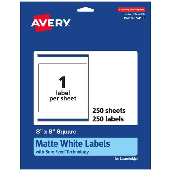 Avery Matte White Square Labels, 8" x 8", 250 Labels