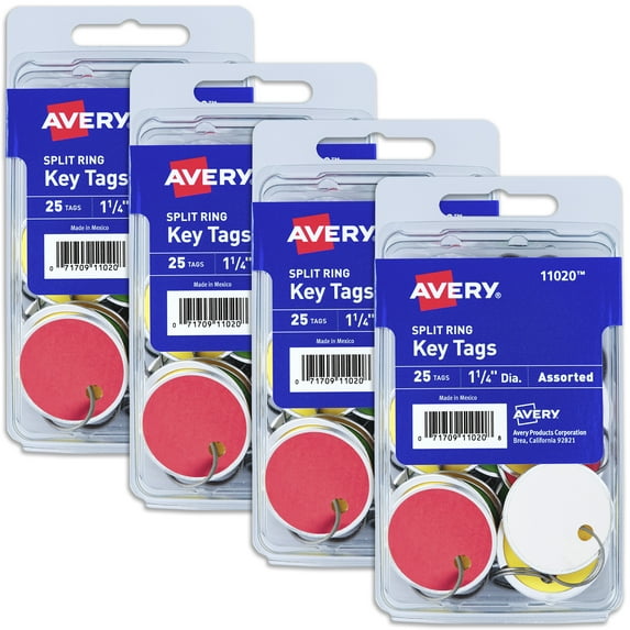 Avery Metal Rim Key Tags with String, Assorted Colors, 25 Tags per Pack, 4 Packs, 100 Total (11020)