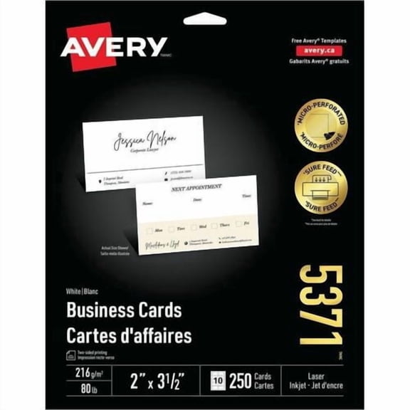 Avery Microperforated Business Cards with Sure Feed(R) Technology, A4, 8 1/2" x 11", 80 lb Basis Weight, 216 g/m Grammage, Matte (5371) | 2 Packs (500 Total)