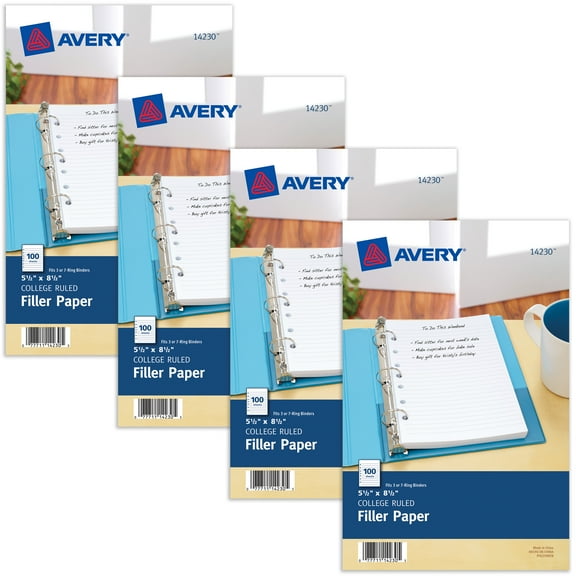 Avery Mini Binder Filler Paper, College Ruled, 5-1/2" x 8-1/2", 100 Sheets per Pack, 4 Packs (14230)