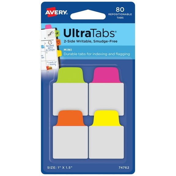 Avery Mini Ultra Tabs, 1" x 1.5", 80 Mini Tabs, Assorted Neon