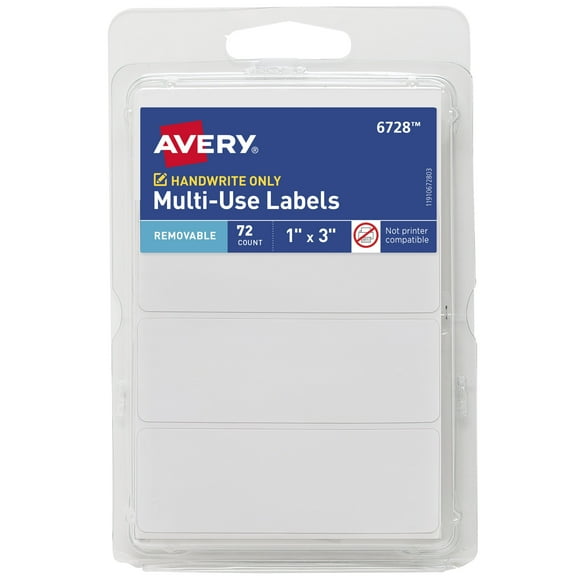 Avery Multi-Use Labels, 1" x 3", Paper, Removable, White, Handwrite, 72 Labels
