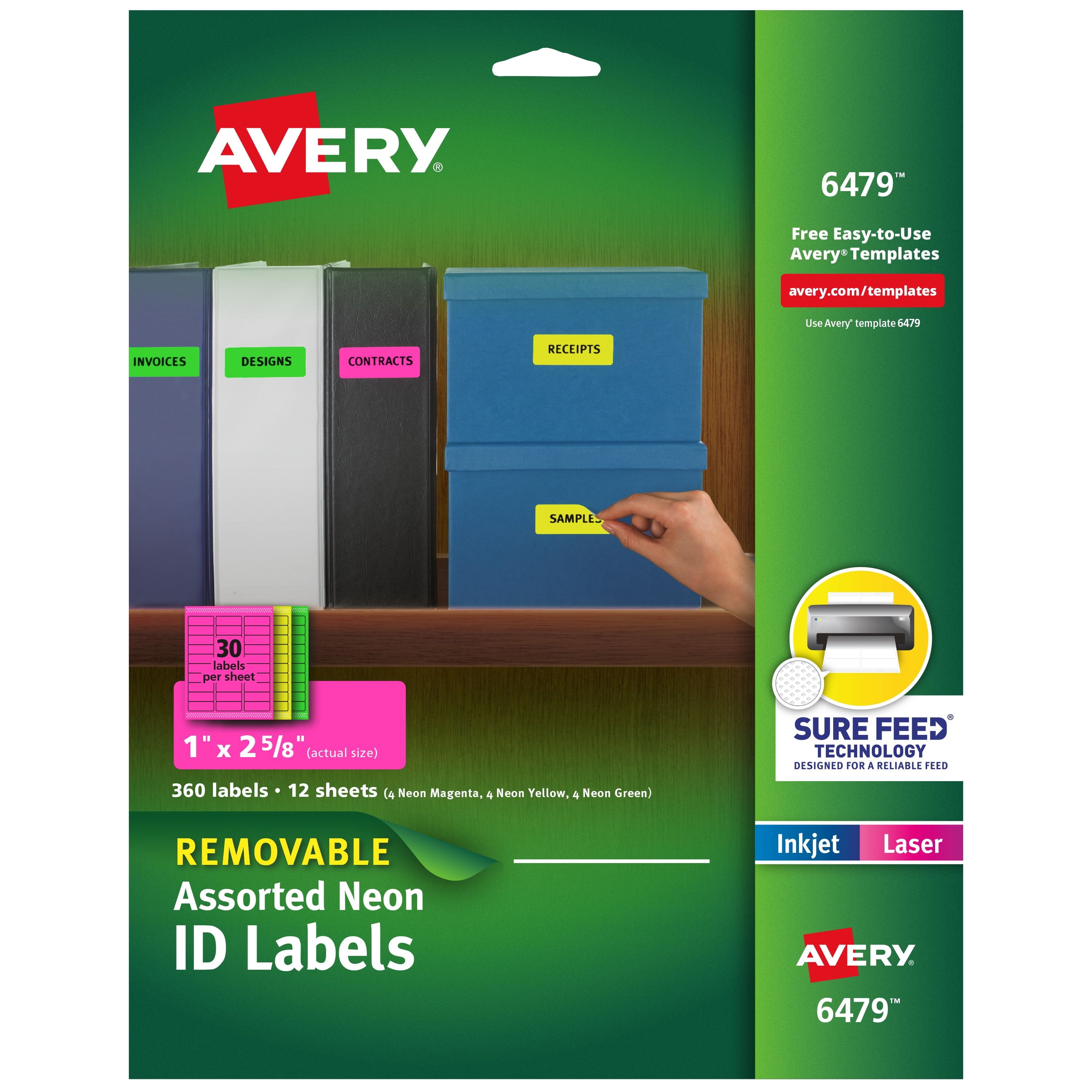 Avery Removable Labels, 1" x 2-5/8", Assorted Neon, 360ct (6479)