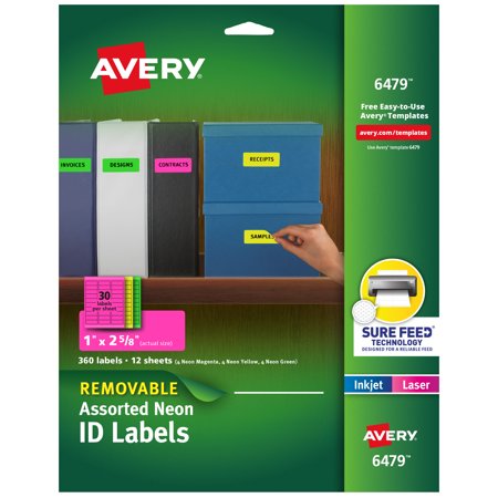 Avery Removable Labels, 1" x 2-5/8", Assorted Neon, 360ct (6479)