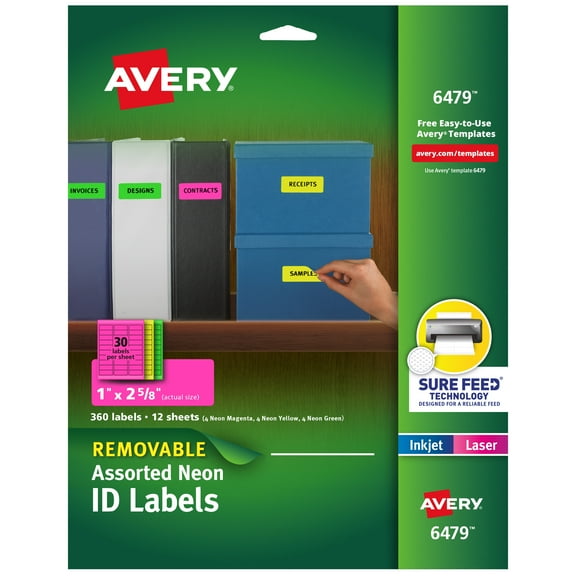 Avery Removable Labels, 1" x 2-5/8", Assorted Neon, 360ct (6479)