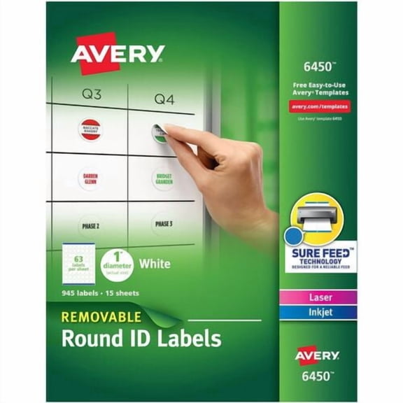 Avery® Multiuse Removable Labels, 1" Diameter, Removable Adhesive, Round, Inkjet, Laser, Matte, White, Paper (6450) | 2 Packs (1890 Total)