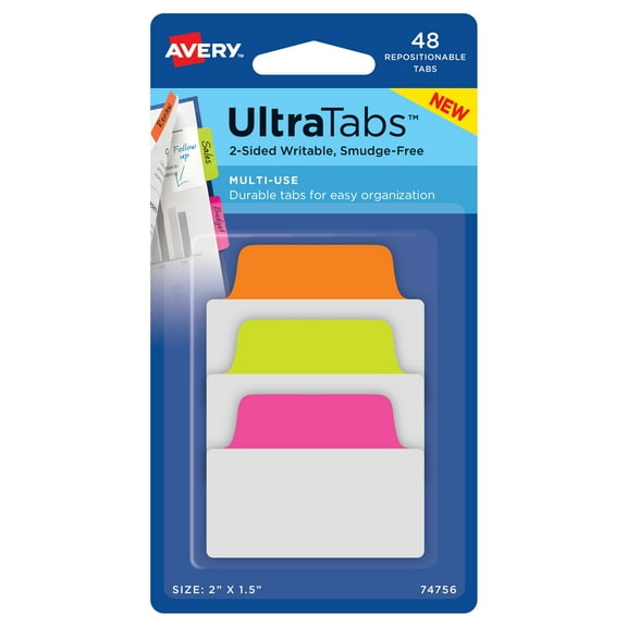 Avery Multiuse Ultra Tabs, 2" x 1.5", 48 Repositionable Tabs, 2-Side Writable, Neon Pink/Green/Orange (74756)