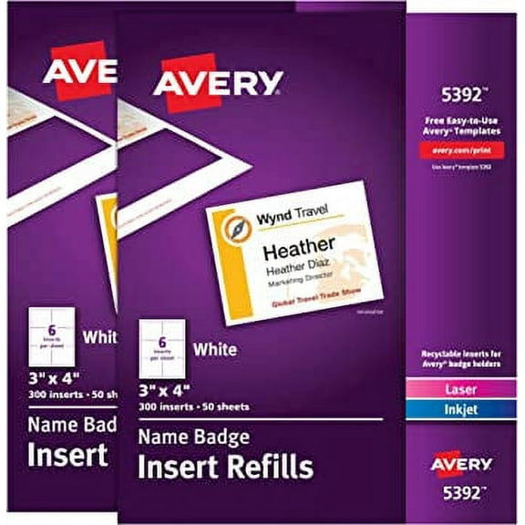 Avery Name Badge Inserts, 3" x 4", 2 Packs, 600 Inserts Total (35392)