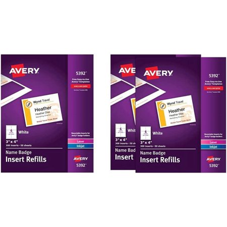 Avery Name Badge Inserts, Print Or Write, 3 X 4 Inch, 300 Card Stock Refills (5392), White & Name Badge Inserts, 3" X 4", 2-Pack, 300 Inserts Per Pack, 600 Badge Inserts Total (35392)