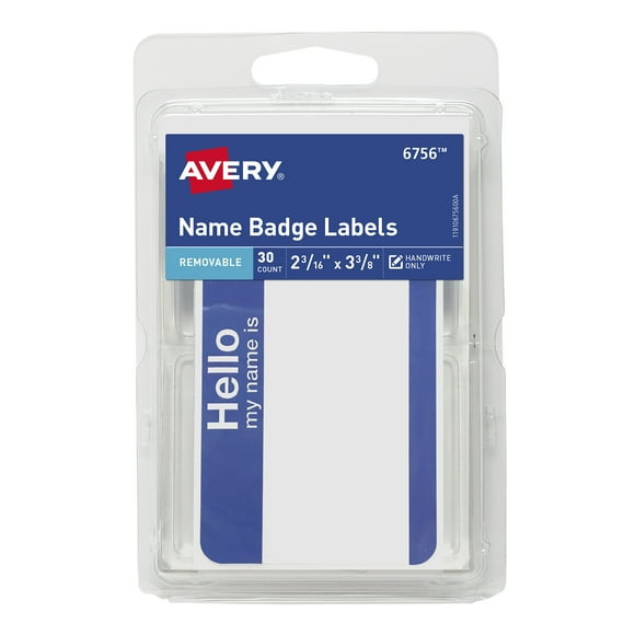 Avery Name Badge Labels, 2-3/16" x 3-3/8", Paper, White with Blue Border, Handwrite, 30 Labels