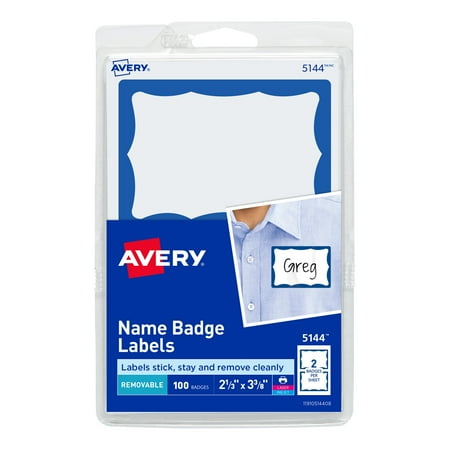 Avery Name Badge Labels, Removable Adhesive, Blue Border, 2-1/3" x 3-3/8", 100 Labels
