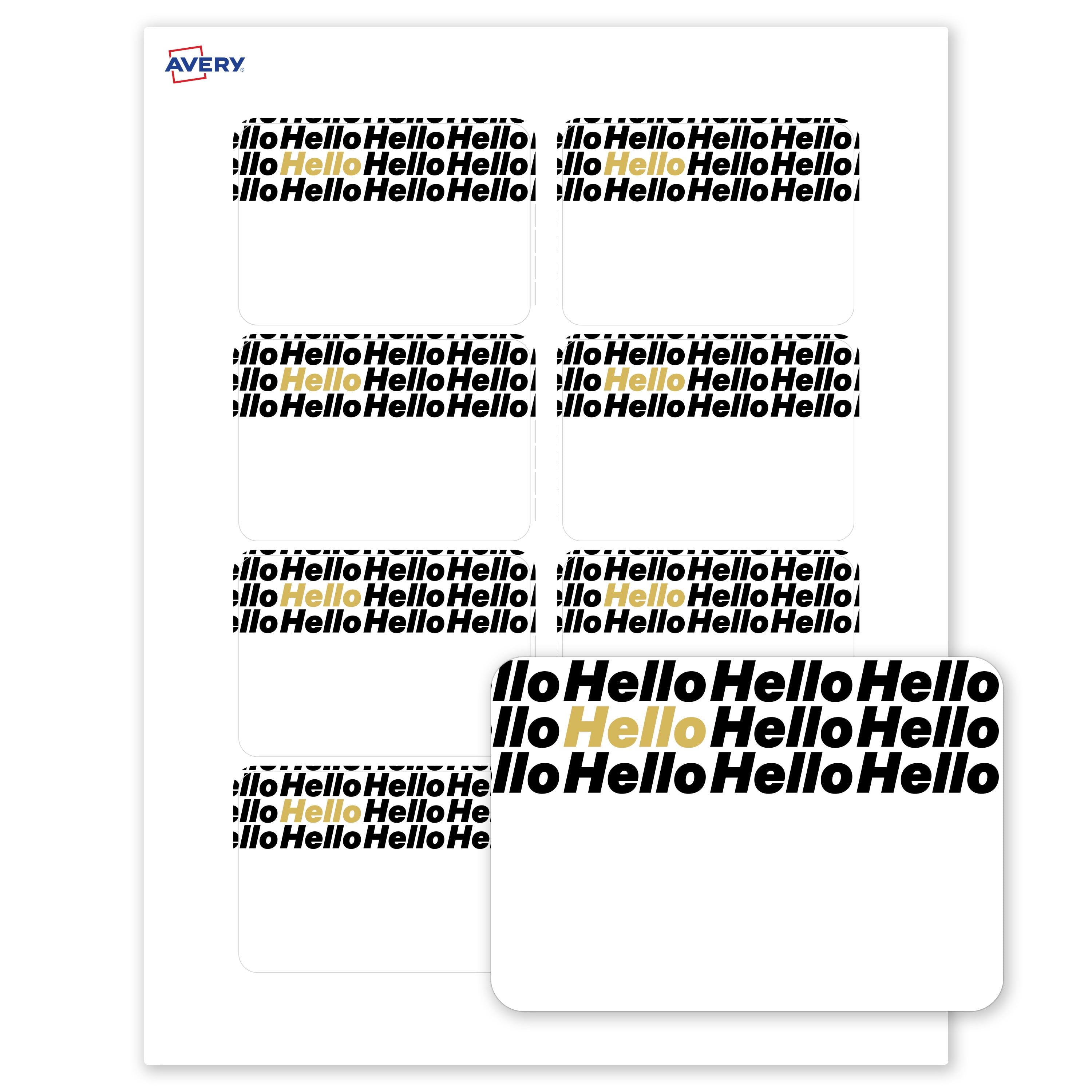 Avery Name Tags, 2-1/3" x 3-3/8", Matte White, Gold & Black Hello