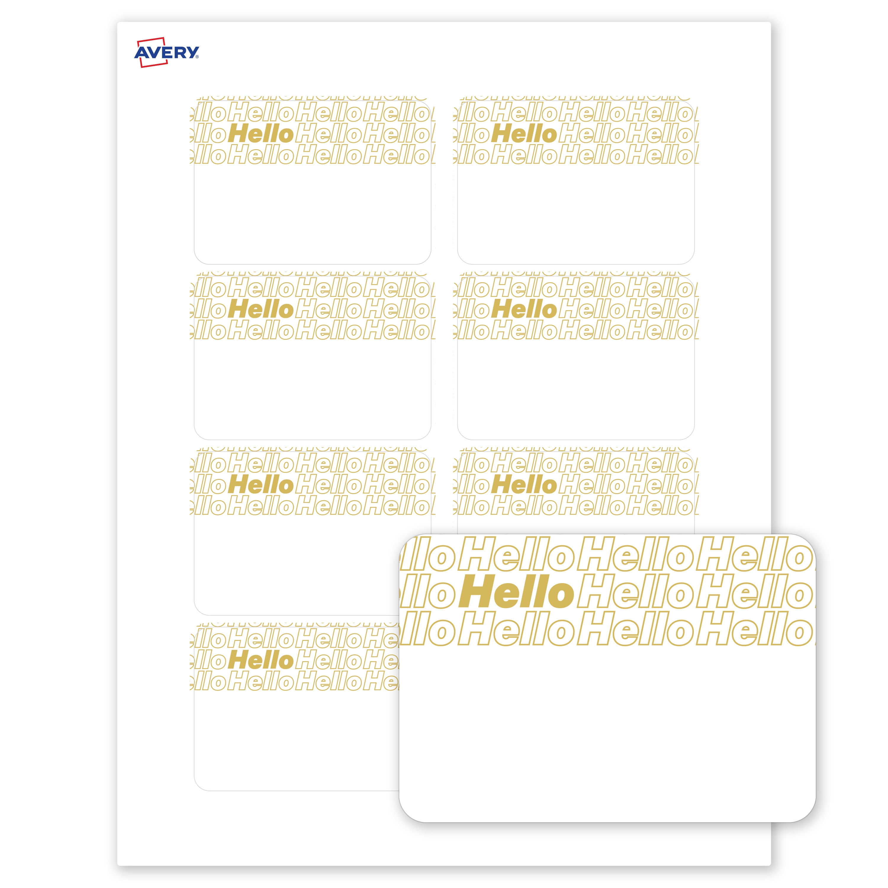 Avery Name Tags, 2-1/3" x 3-3/8", Matte White, Gold Hello Pattern