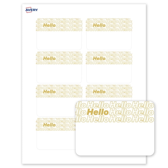 Avery Name Tags, 2-1/3" x 3-3/8", Matte White, Gold Hello Pattern