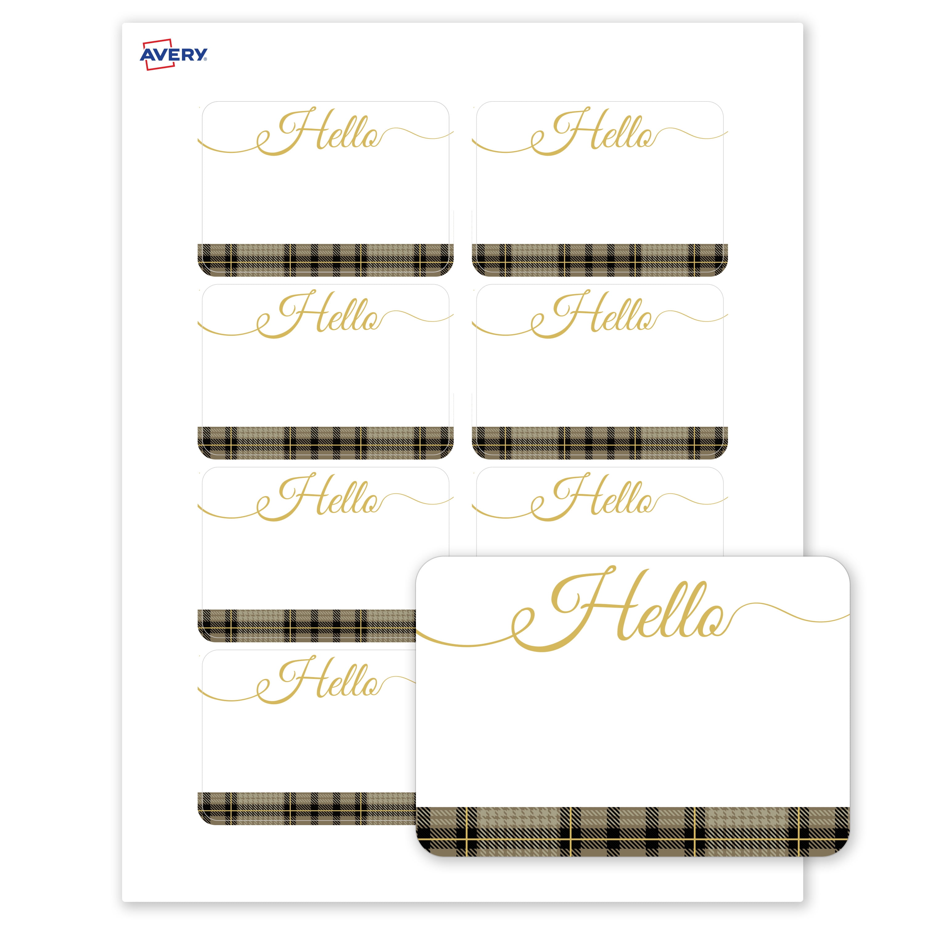 Avery Name Tags, 2-1/3" x 3-3/8", Matte White, Plaid & Gold Hello