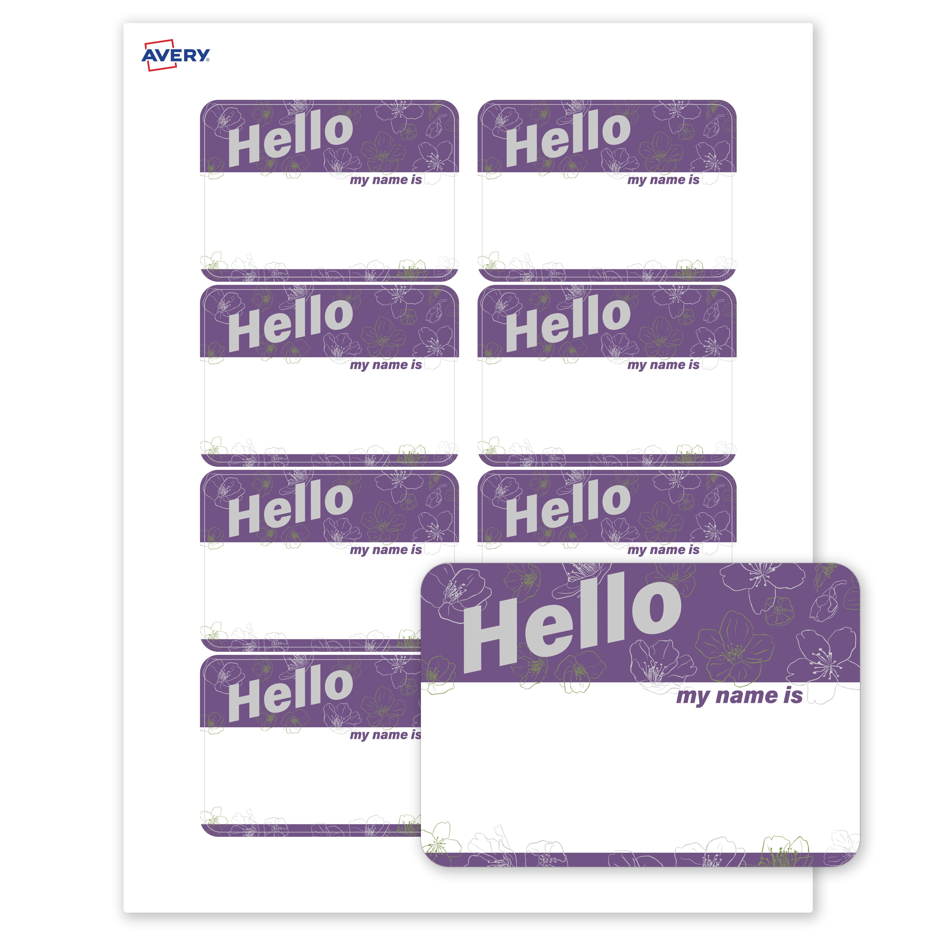 Avery Name Tags, 2-1/3" x 3-3/8", Matte White, Purple & Silver Hello