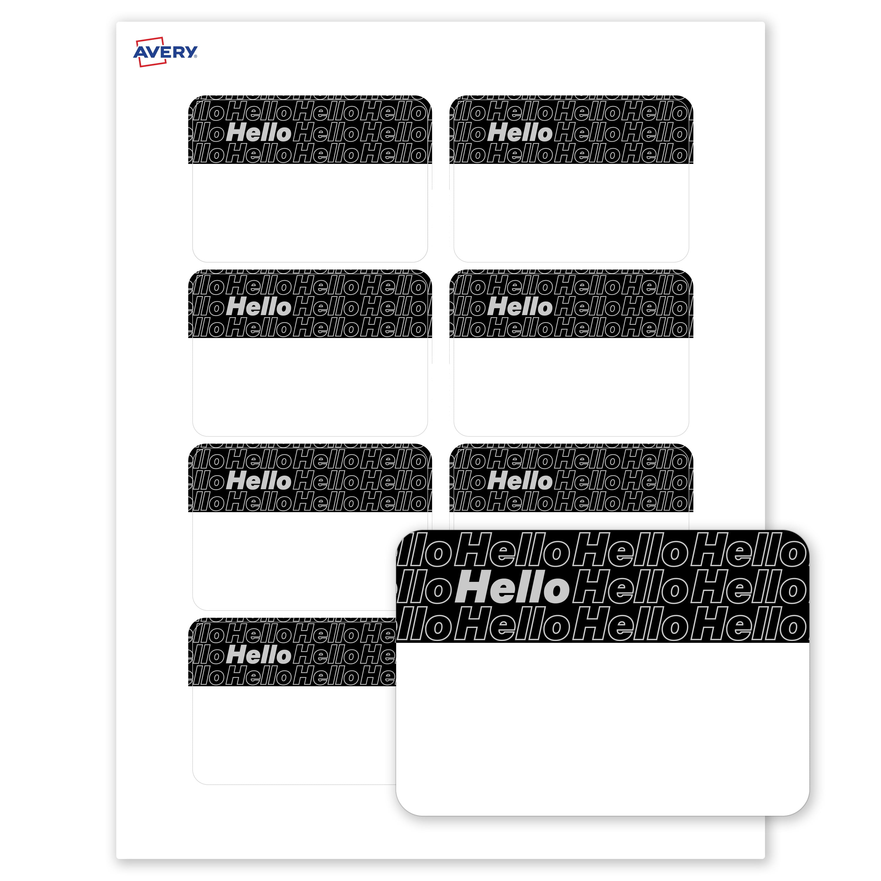 Avery Name Tags, 2-1/3" x 3-3/8", Matte White, Silver & Black Hello