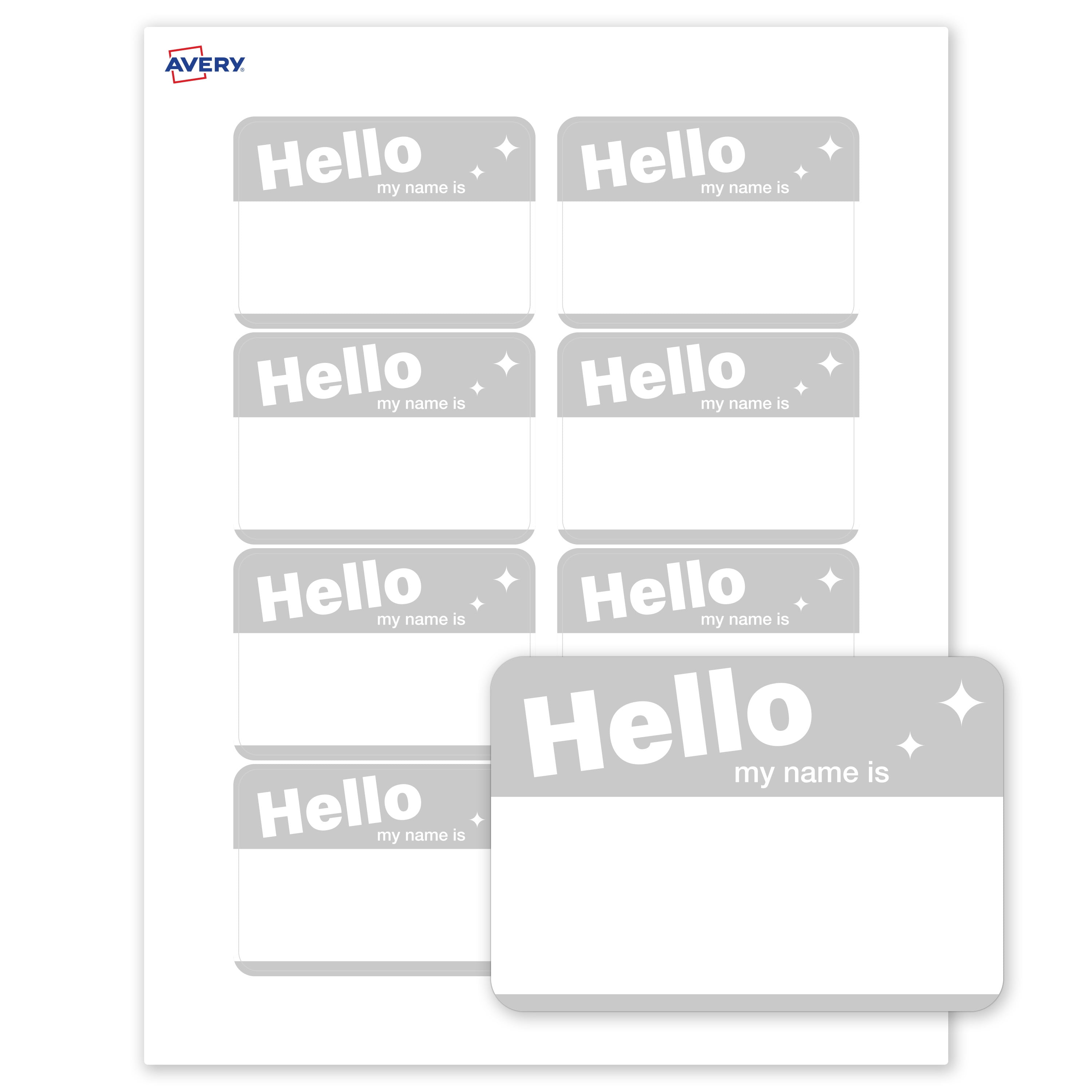 Avery Name Tags, 2-1/3" x 3-3/8", Matte White, Silver Hello My Name Is