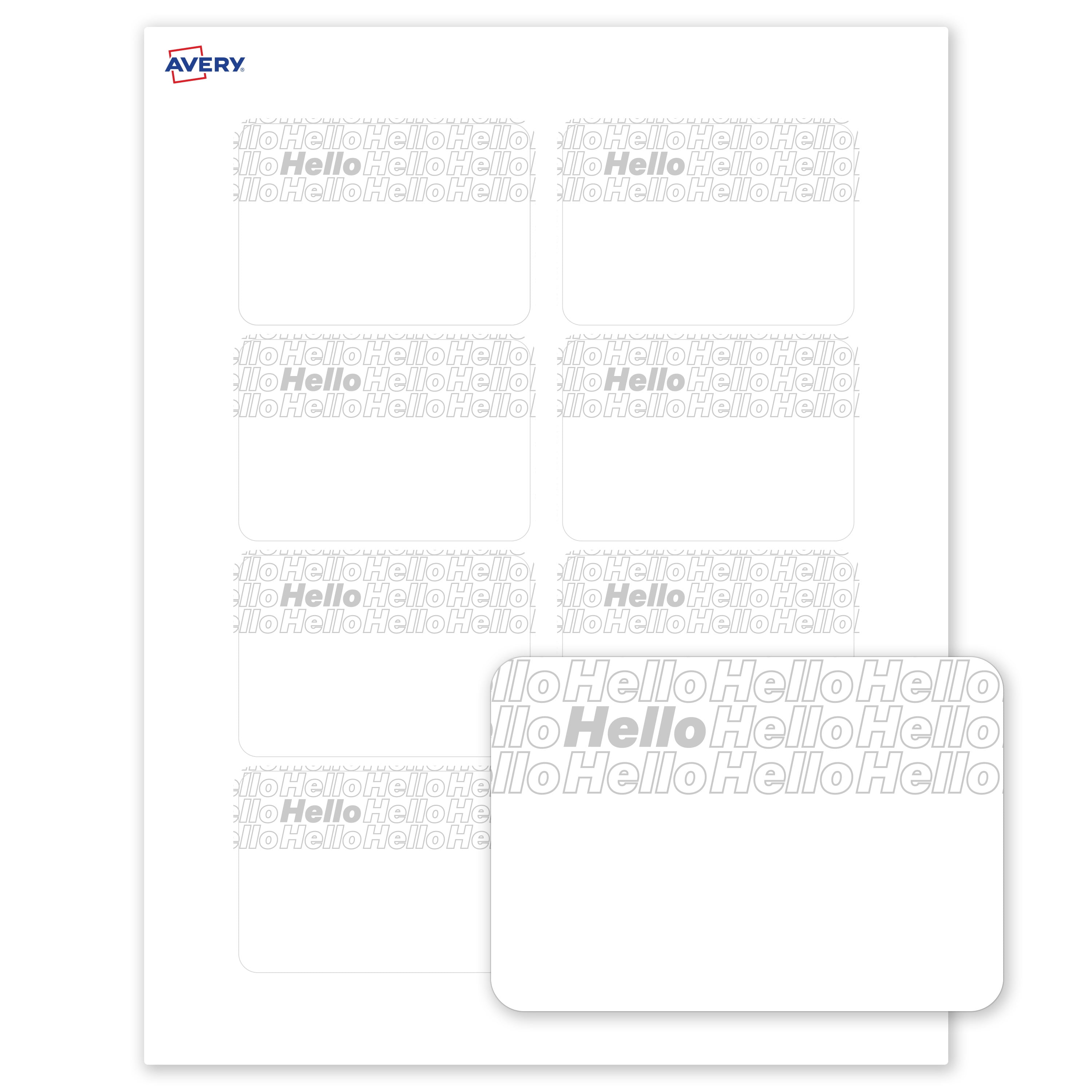 Avery Name Tags, 2-1/3" x 3-3/8", Matte White, Silver Hello Pattern