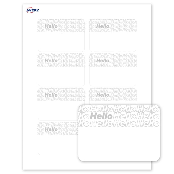 Avery Name Tags, 2-1/3" x 3-3/8", Matte White, Silver Hello Pattern