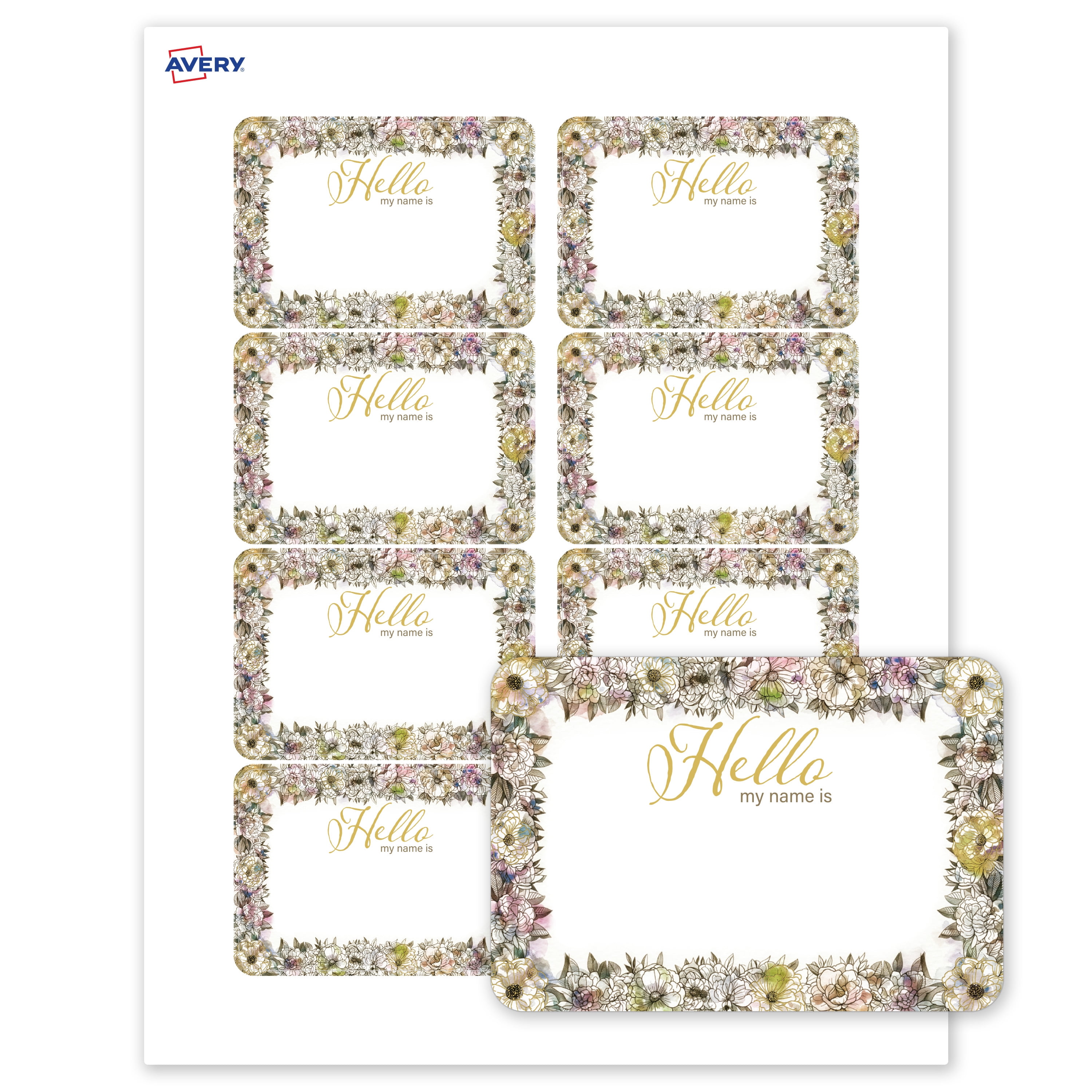 Avery Name Tags, Matte White, Floral Frame & Gold Hello