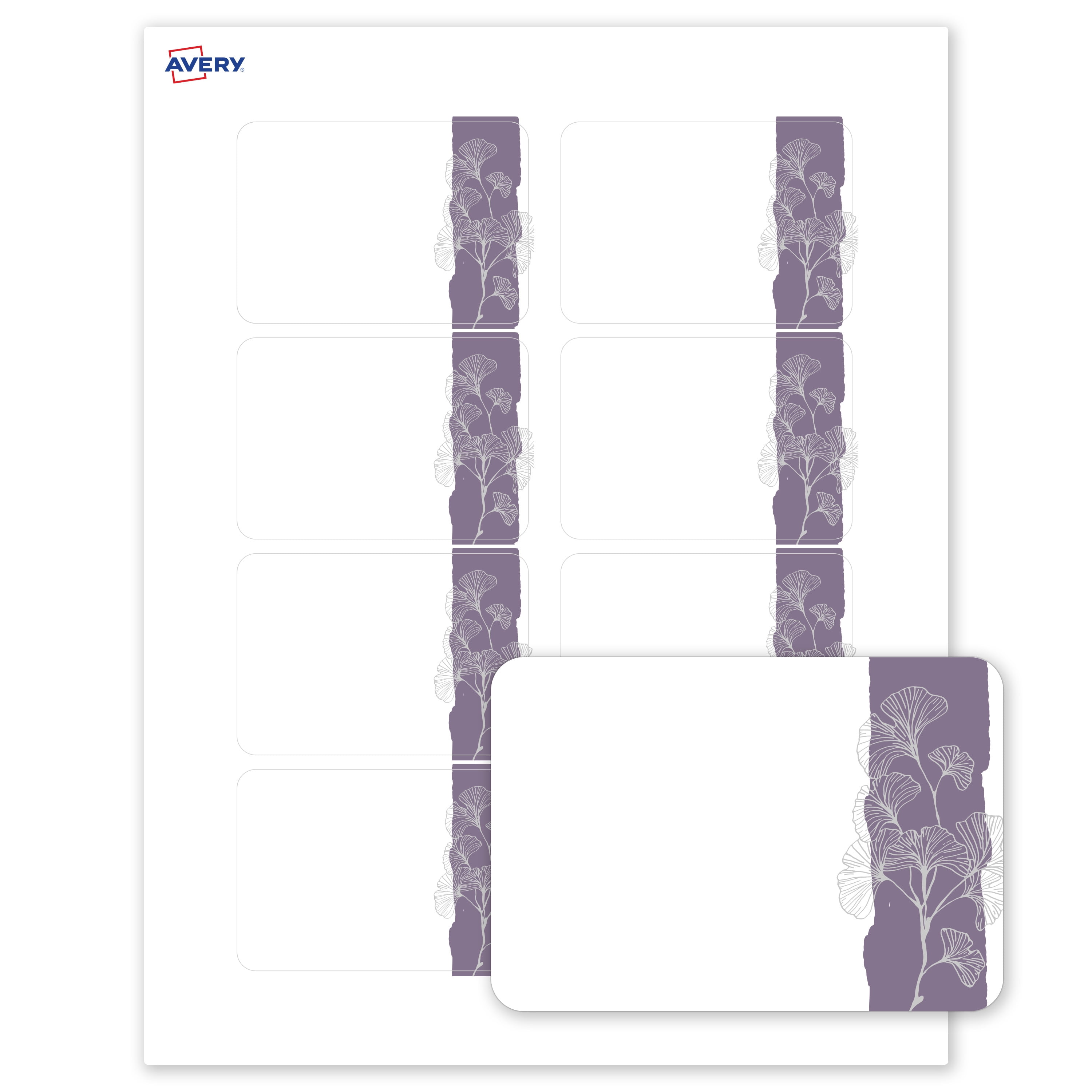Avery Name Tags, Matte White, Purple & Silver Gingko Leaves