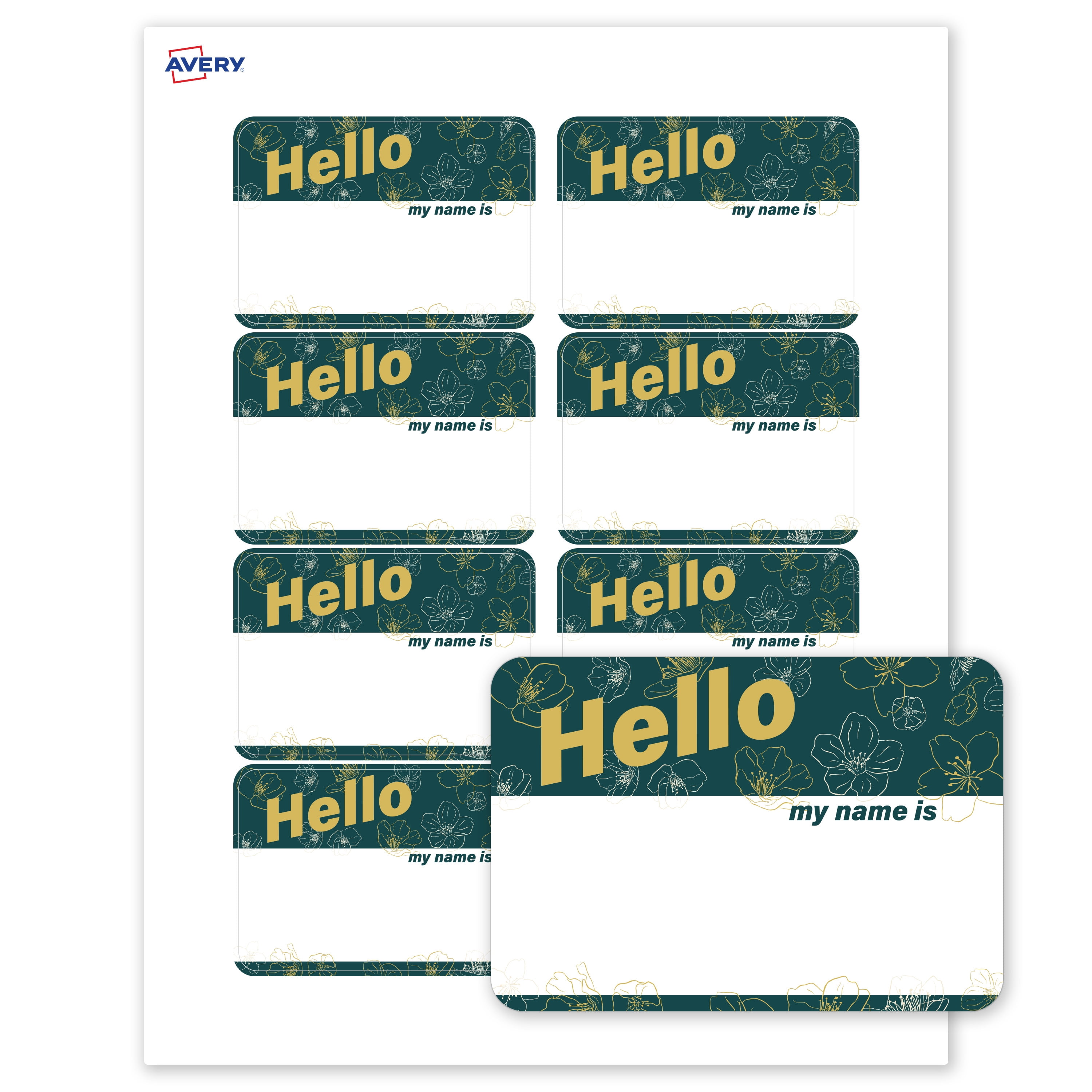 Avery Name Tags, Matte White, Teal Floral & Gold Hello