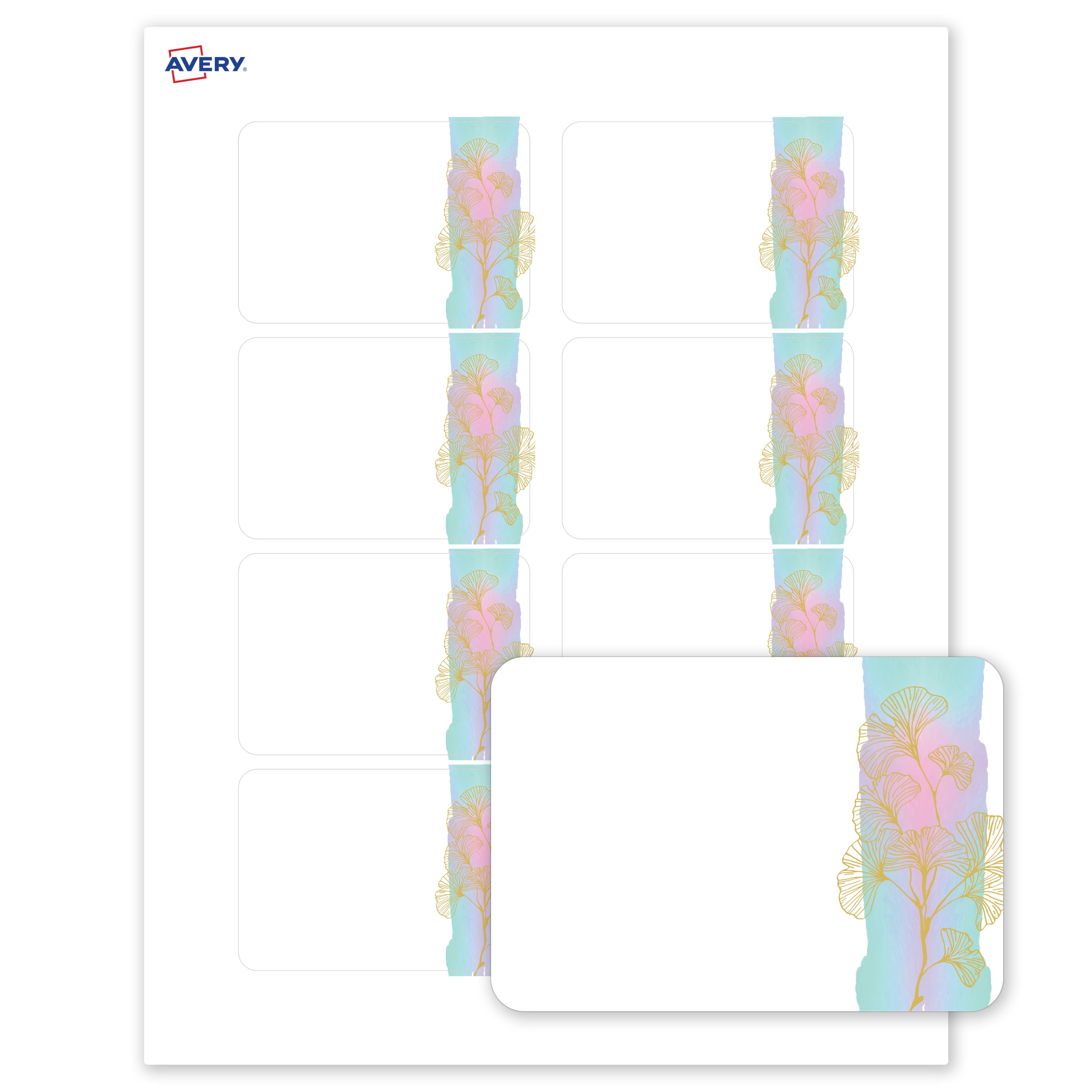 Avery Name Tags, Matte White, Watercolors & Gold Ginkgo Leaves