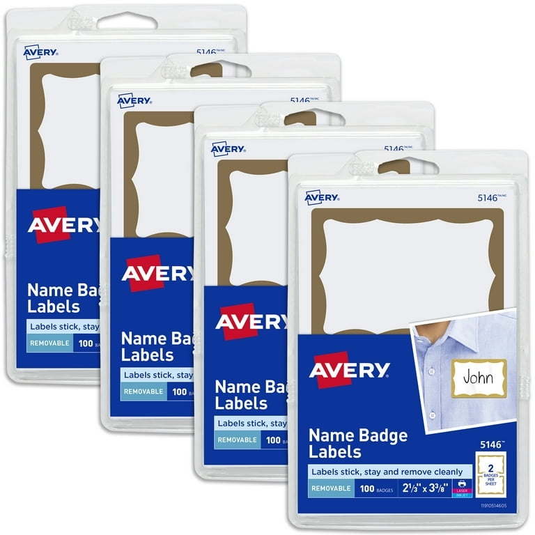 Avery Name Tags Print or Write Gold Border 100 Adhesive Tags Per Pack 4 Packs 400 Total 05146