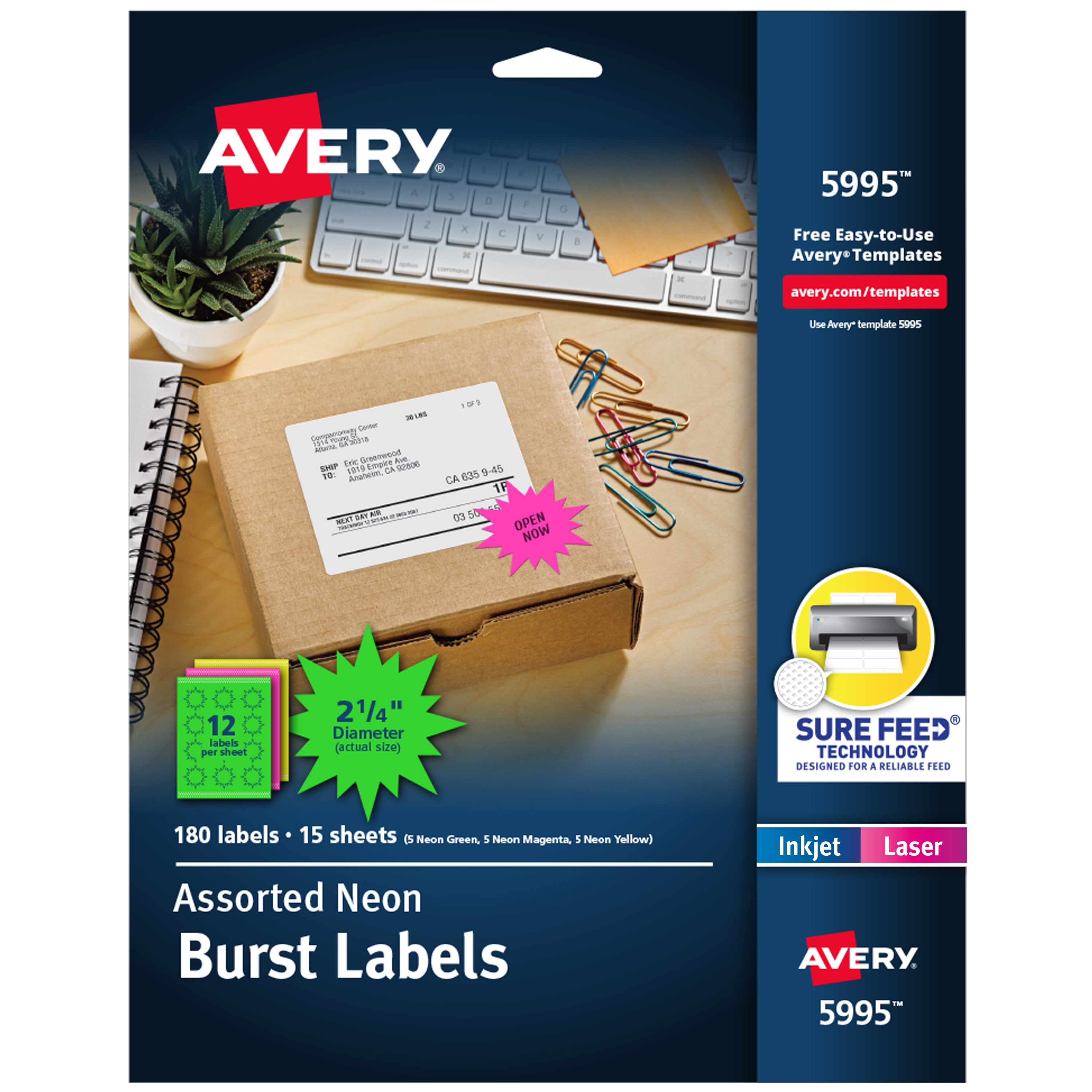Avery Burst ID Labels, 2-1/4", Assorted Neon, 180 Total (5995)