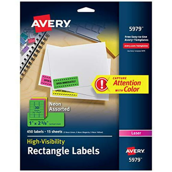 Avery Neon Laser Labels, Rectangle, Assorted Fluorescent Colors, 1 x 2-5/8, 450/Pack (5979), Neon Green;Neon Magenta;Neon Yellow