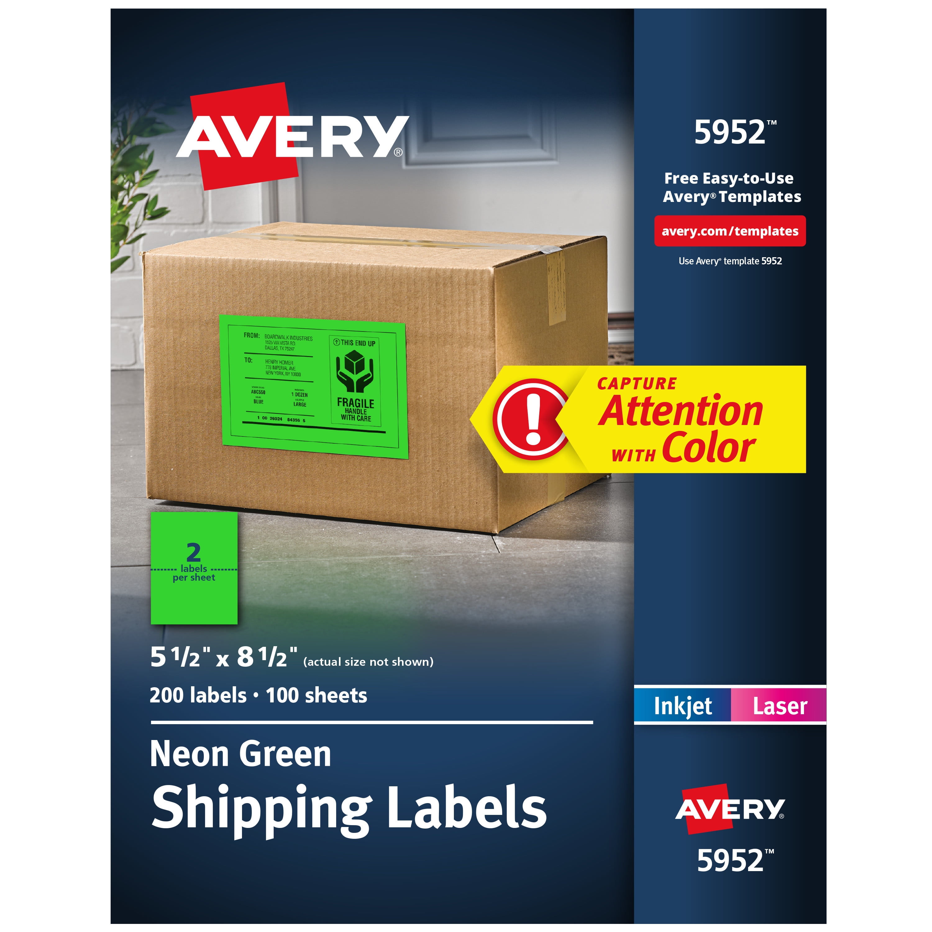 Avery Shipping Labels, 5.5" x 8.5", Neon Green, 200 Total (5952)
