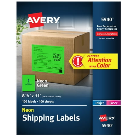 Avery Shipping Labels, 8-1/2" x 11", Neon Green, 100 Total (5940)