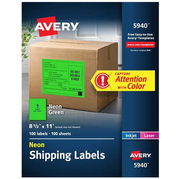 Avery Shipping Labels, 8-1/2" x 11", Neon Green, 100 Total (5940)