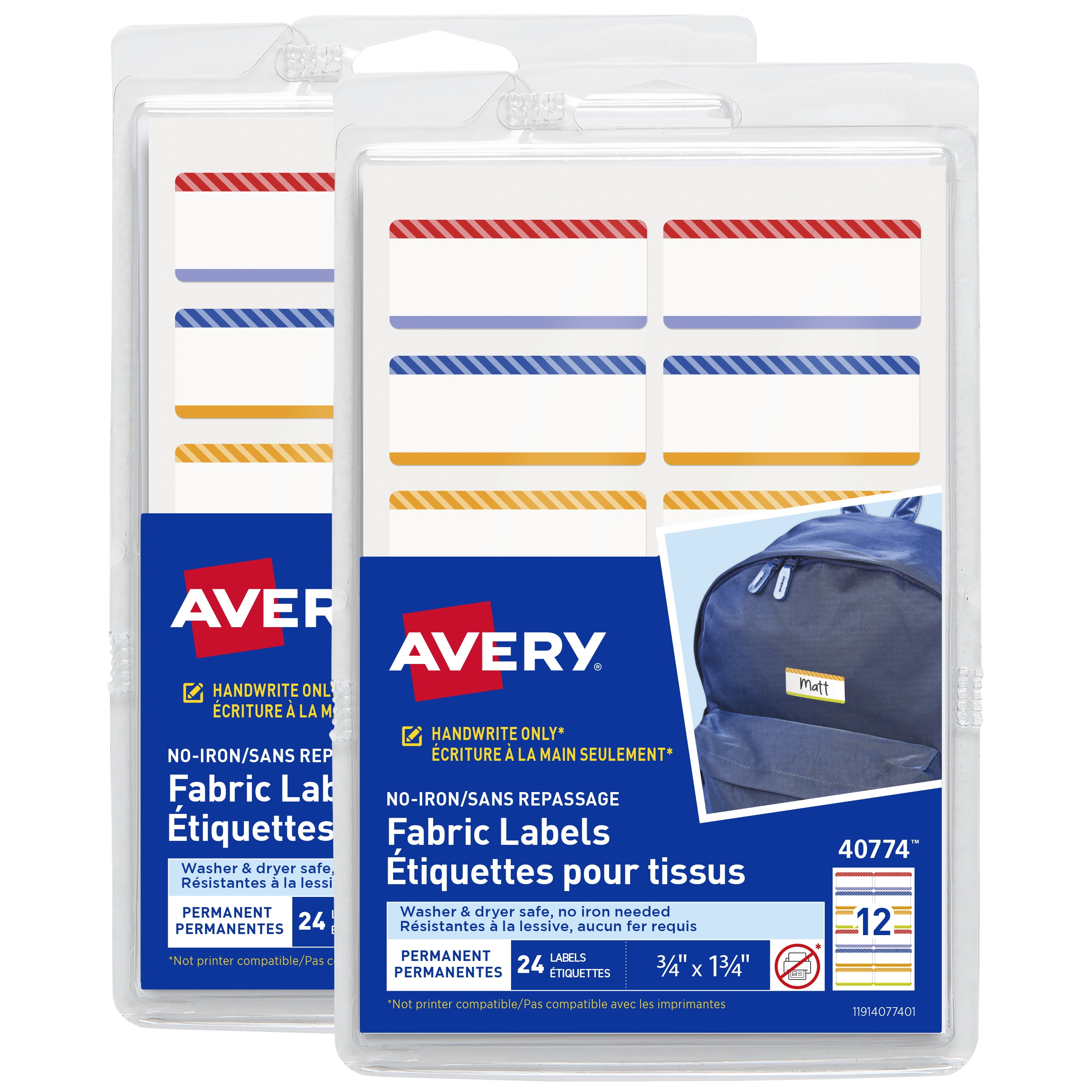 Avery No-Iron Fabric Labels, Playful Stripes, 48ct (21959)