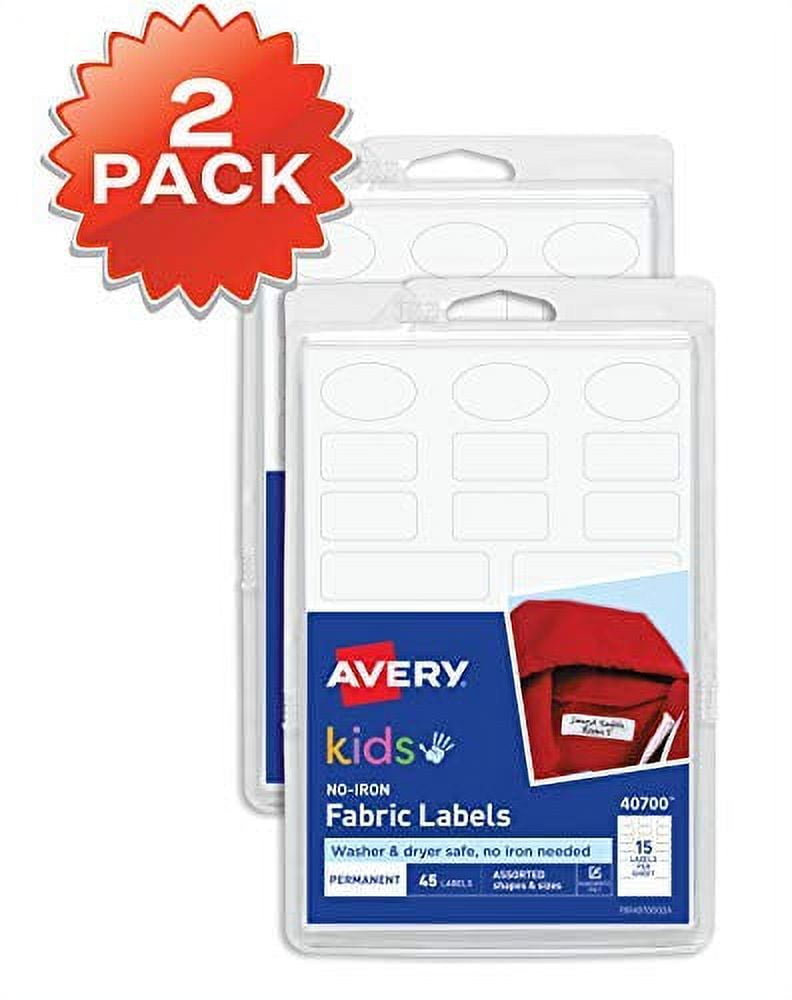 Avery 40700 White No Iron Fabric Clothing Writeable Labels 45 Shapes and  Sizes for sale online