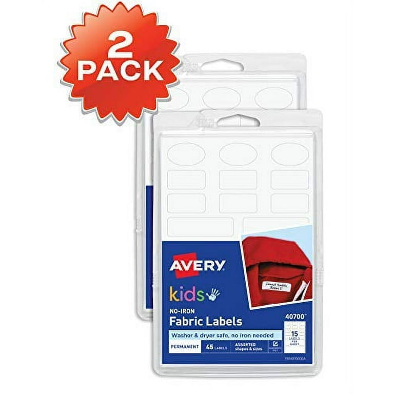 Avery No-Iron Kids Clothing Labels Washer & Dryer Safe Assorted Shapes & Sizes (2-Pack) 90 Labels (40700)