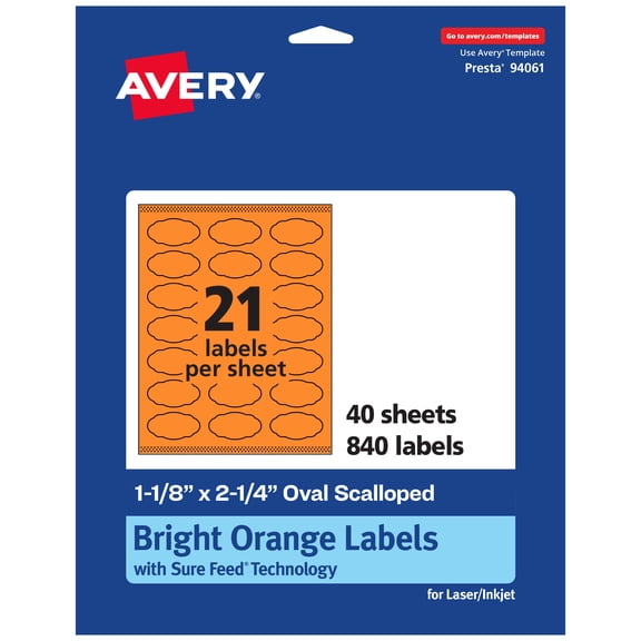 Avery Oval Scalloped Labels, Bright Orange, 1-1/8" x 2-1/4", 840ct