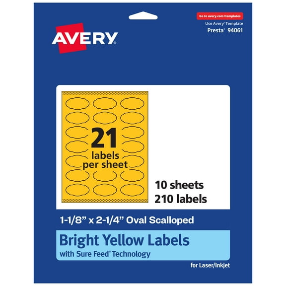 Avery Oval Scalloped Labels, Bright Yellow, 1-1/8" x 2-1/4", 210ct